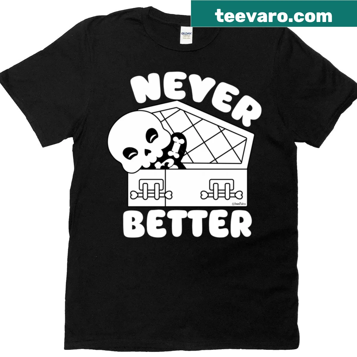 Black and white t-shirt featuring a skeleton in a coffin design. — on a men's t-shirt