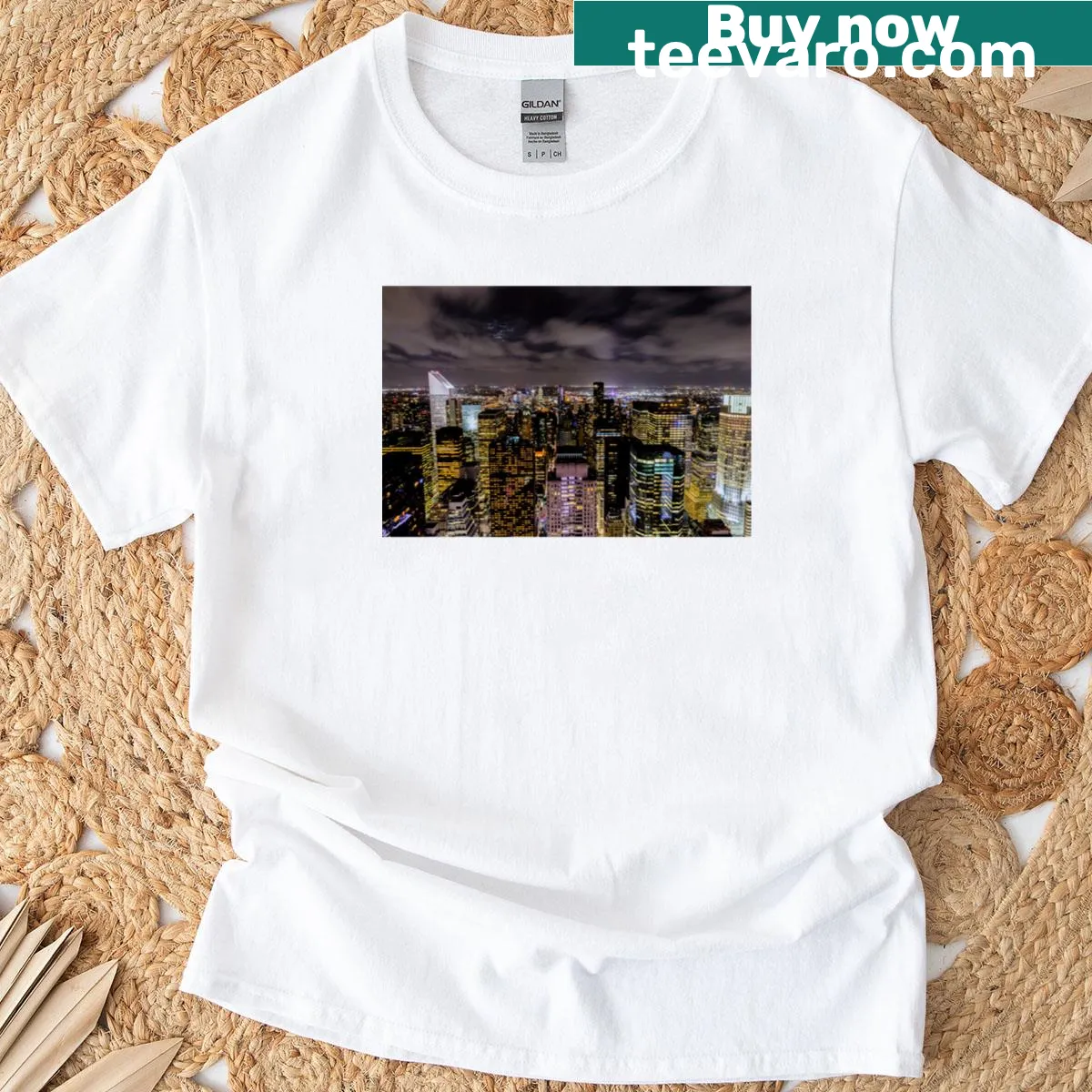 T-shirt with a detailed illustration of NYC skyline from Top of the Rock — on a men's t-shirt
