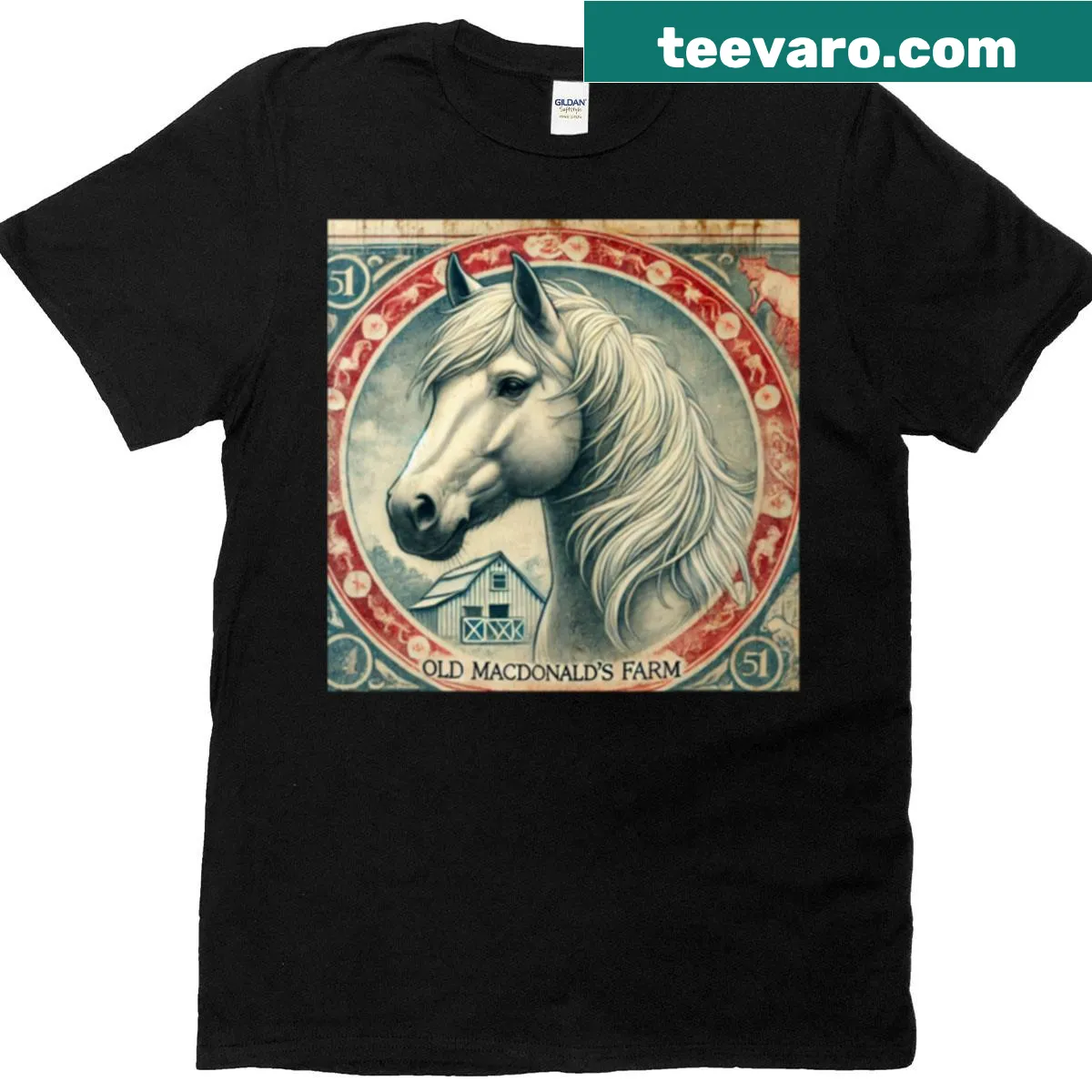 Oversized T-shirt featuring a whimsical horse illustration inspired by Old Macdonald's song. — on a men's t-shirt