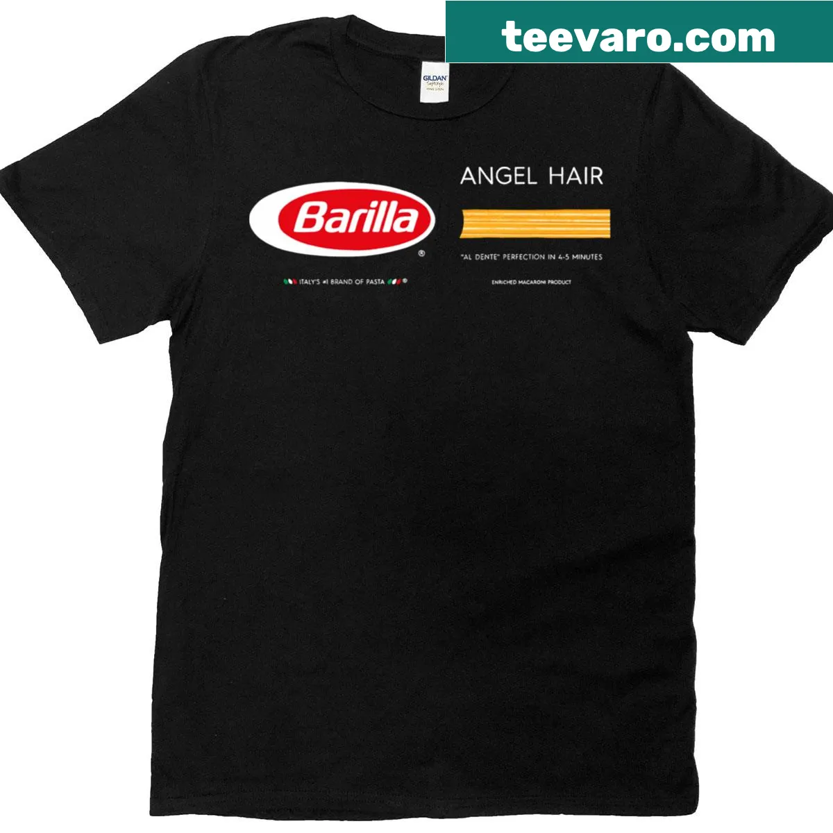 Playful pasta-themed t-shirt featuring a box of pasta graphic. — on a men's t-shirt