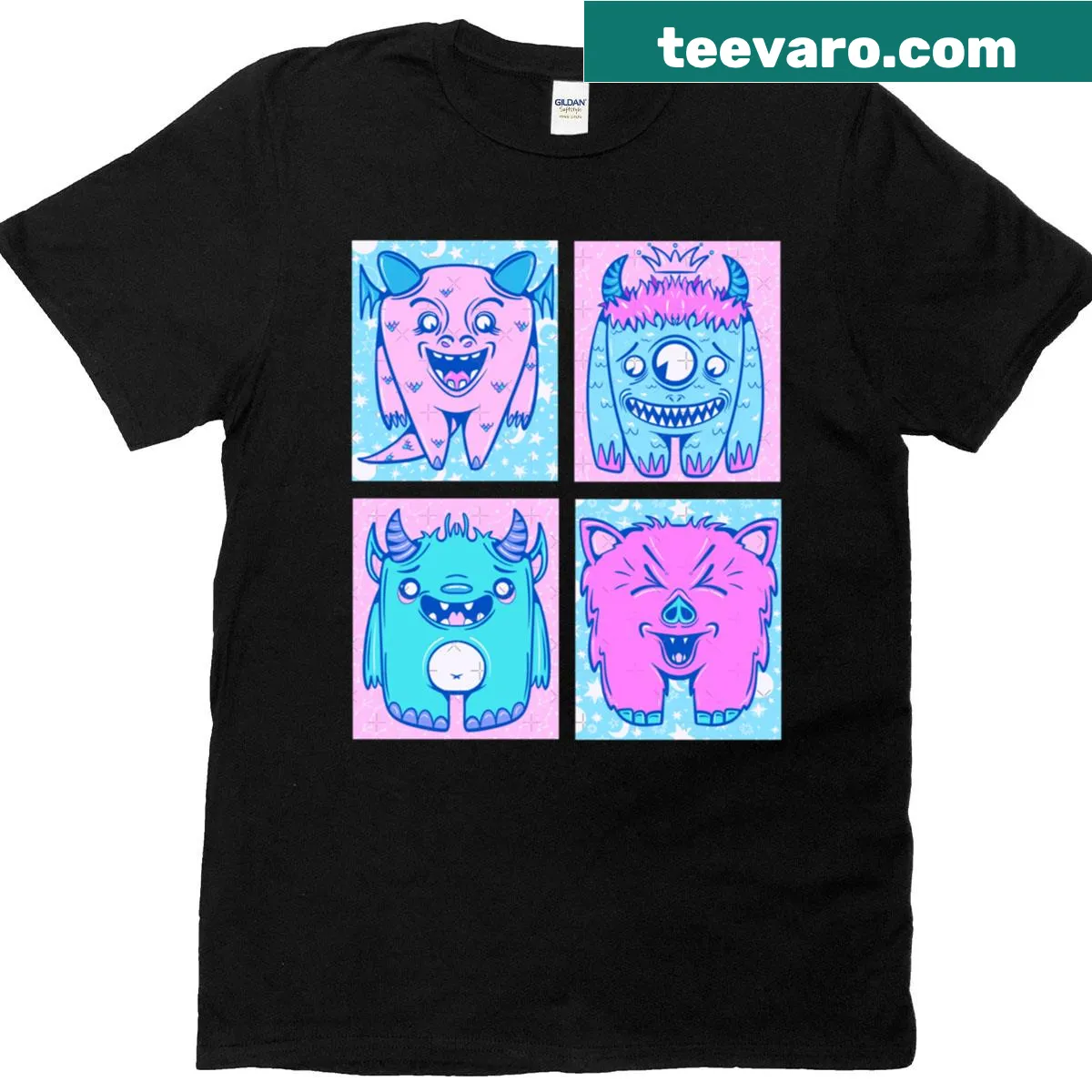 Cartoon t-shirt featuring whimsical strange creatures in pastel colors — on a men's t-shirt