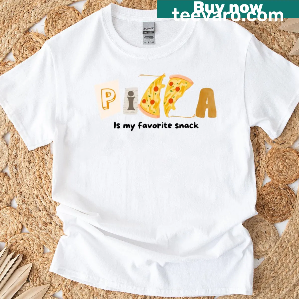 T-shirt with bold text saying Pizza Is My Favourite Snack — on a men's t-shirt