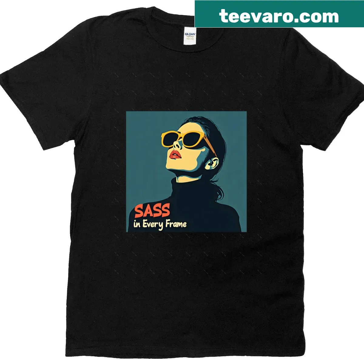 Oversized t-shirt featuring a pop art illustration of a woman with sunglasses — on a men's t-shirt