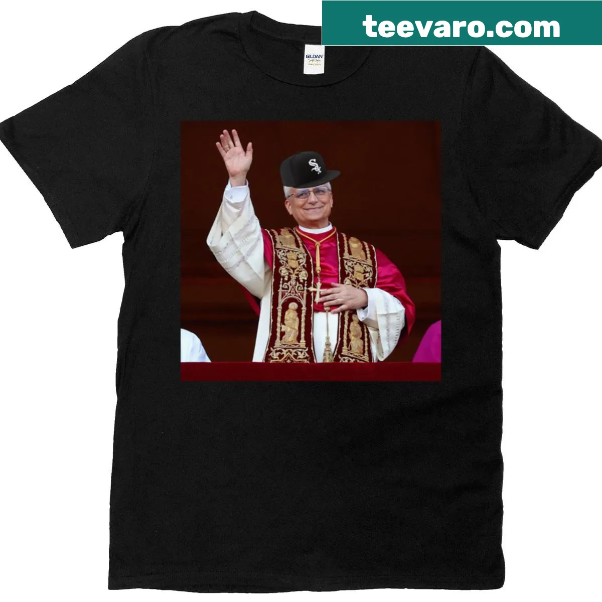 Oversized t-shirt featuring Pope Leo XIV and White Sox imagery. — on a men's t-shirt