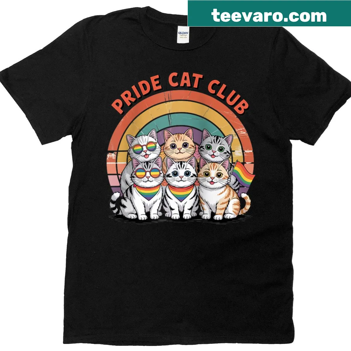 Retro design of rainbow cats on a baseball tee celebrating LGBTQ+ pride — on a men's t-shirt