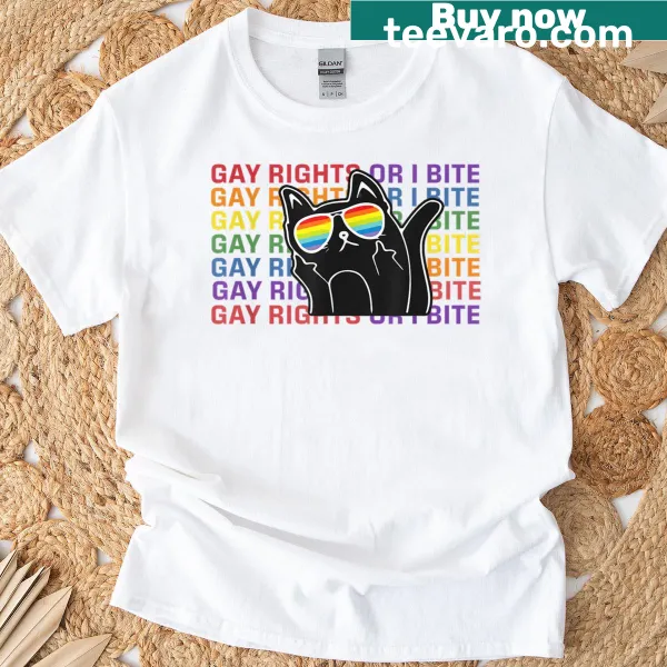 T-shirt with the phrase 'Gay Rights Or I Bite' and a playful cat graphic