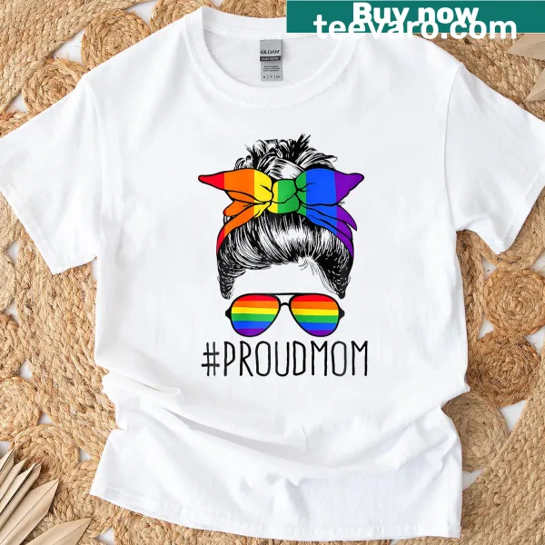 Charming T-shirt for moms with a messy bun and rainbow flag design