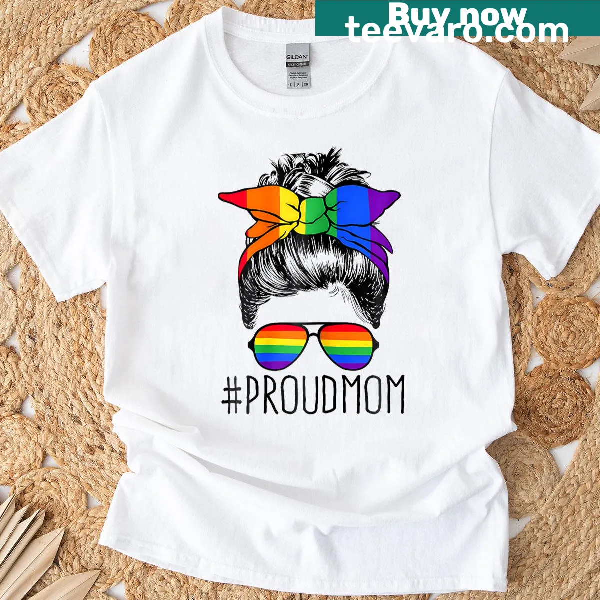 Charming T-shirt for moms with a messy bun and rainbow flag design — on a men's t-shirt