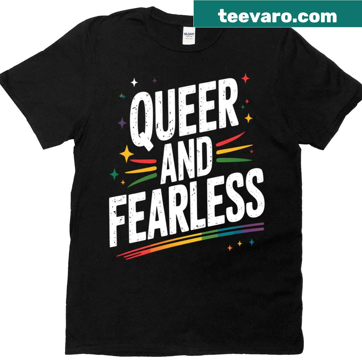 Rainbow T-shirt with 'Queer And Fearless' text — on a men's t-shirt