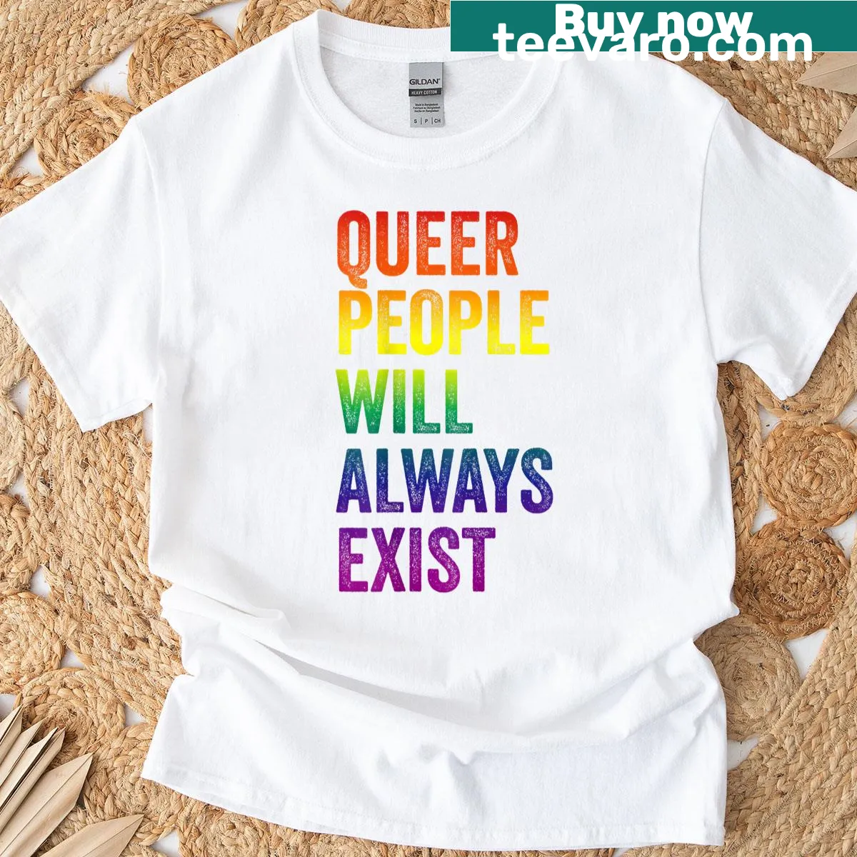 T-shirt stating 'Queer People Exist' for LGBTQ pride — on a men's t-shirt