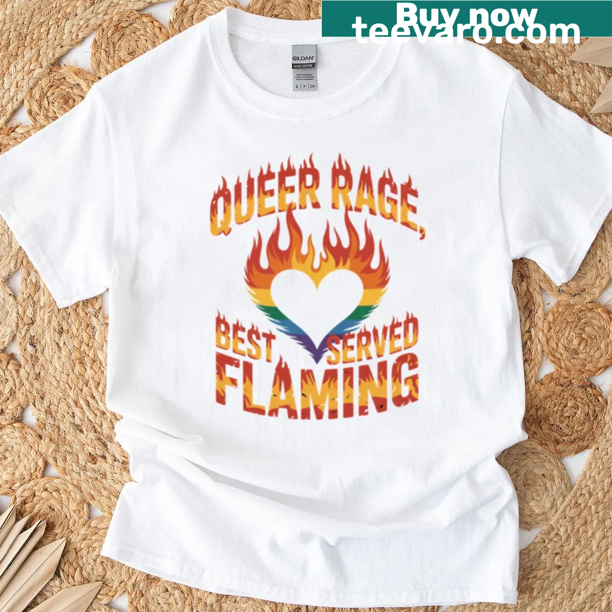 Bold heart graphic T-shirt with flames for queer pride — on a men's t-shirt