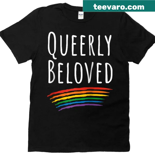 Raglan tee with 'Queerly Beloved' text and rainbow design