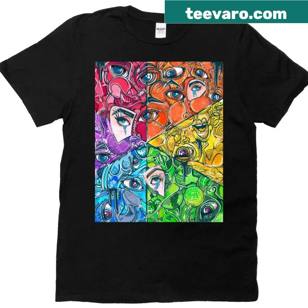 Cubism faces in a rainbow pattern on a stylish t-shirt