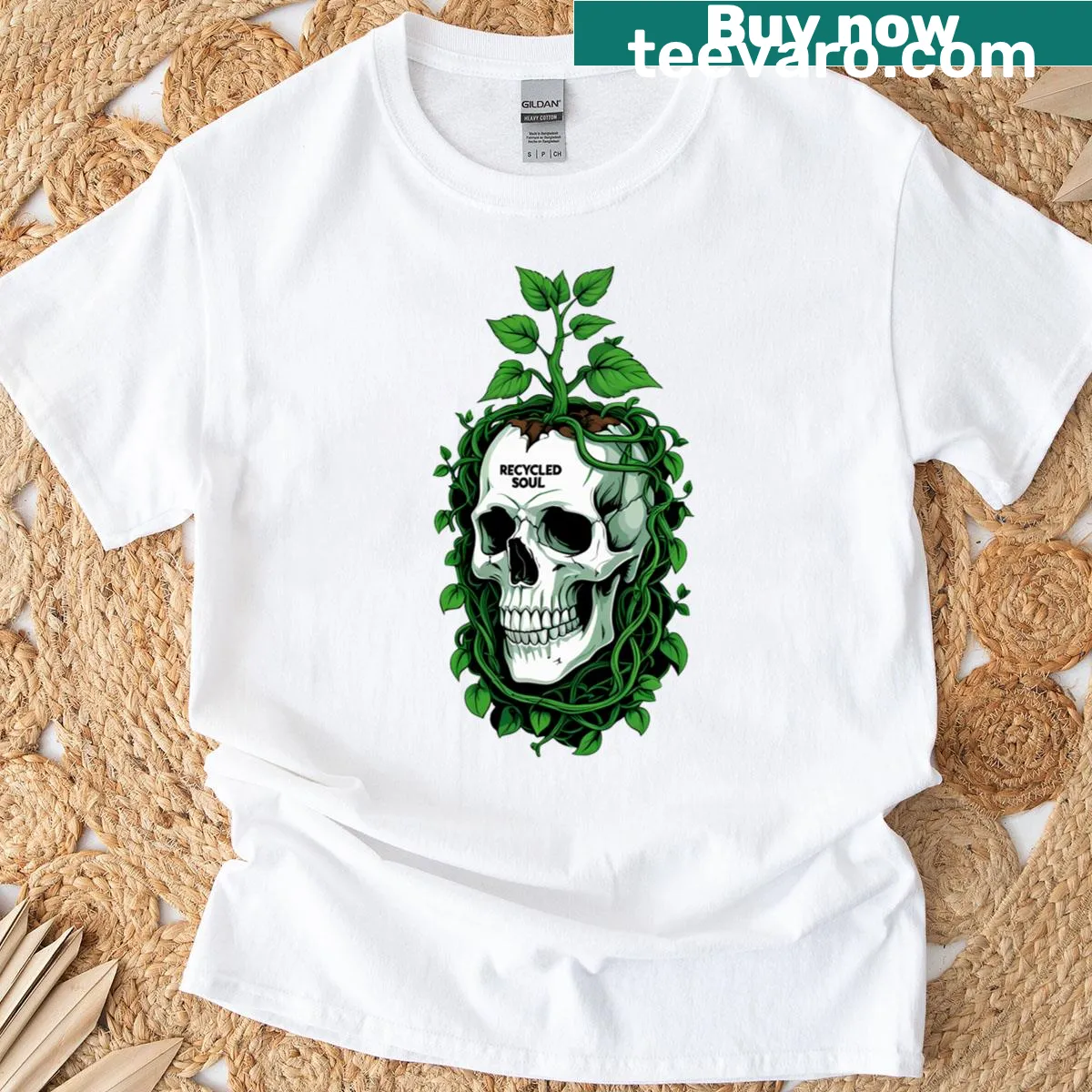 Eco-punk T-shirt with a skull sticker graphic. — on a men's t-shirt