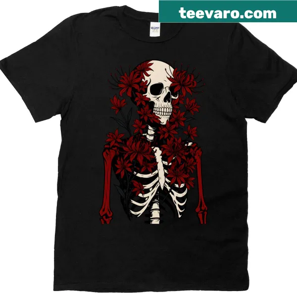 T-shirt with a skeleton and red spider lily illustration intertwined