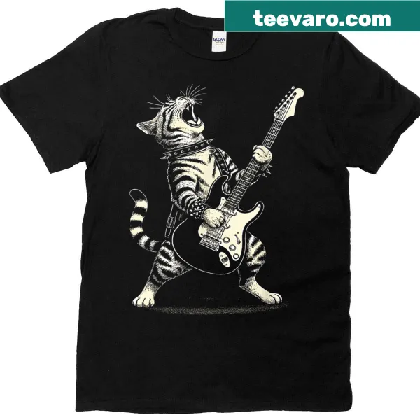 Retro cat playing guitar graphic t-shirt for music lovers and cat fans