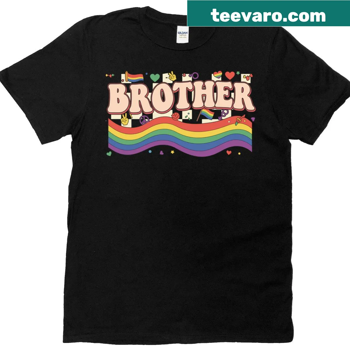 Retro rainbow graphic t-shirt for LGBTQ+ brothers — on a men's t-shirt