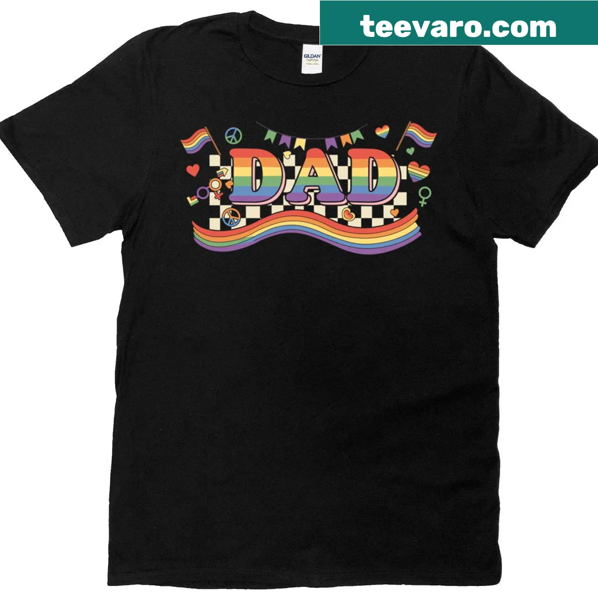 Retro rainbow graphic t-shirt for LGBTQ+ dads — on a men's t-shirt
