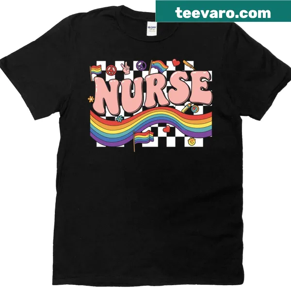 Retro rainbow nurse graphic on a pride T-shirt