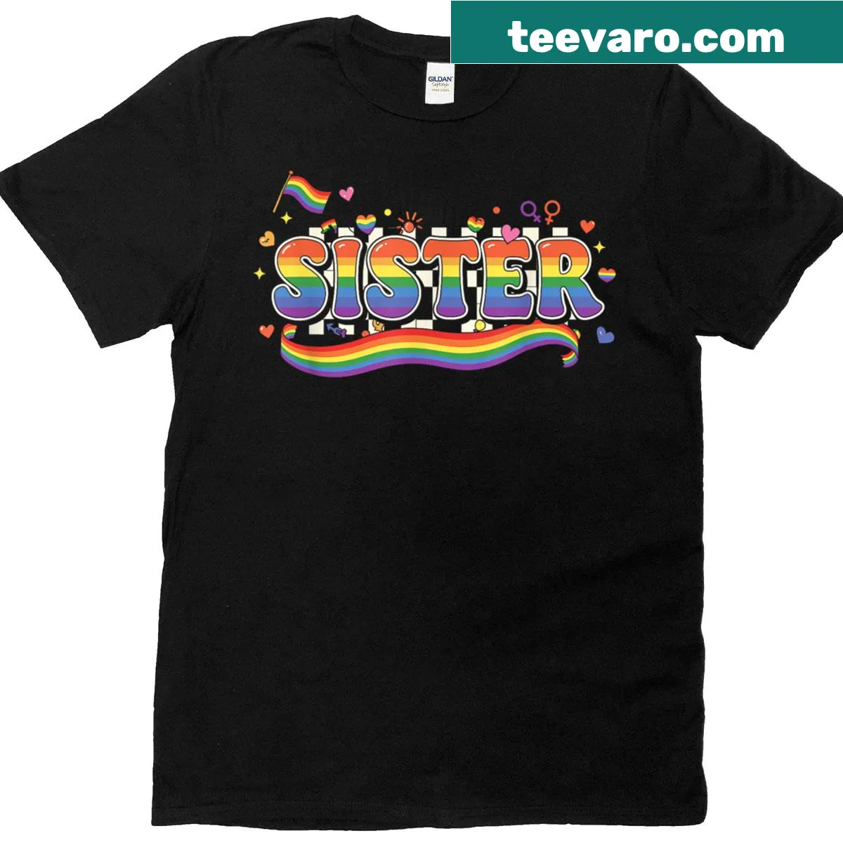Retro LGBTQ sister t-shirt featuring rainbow graphics — on a men's t-shirt