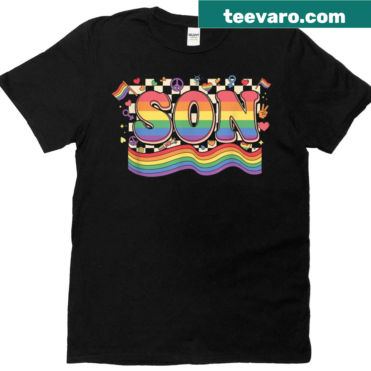Retro LGBT pride T-shirt with rainbow text and graphics — on a men's t-shirt