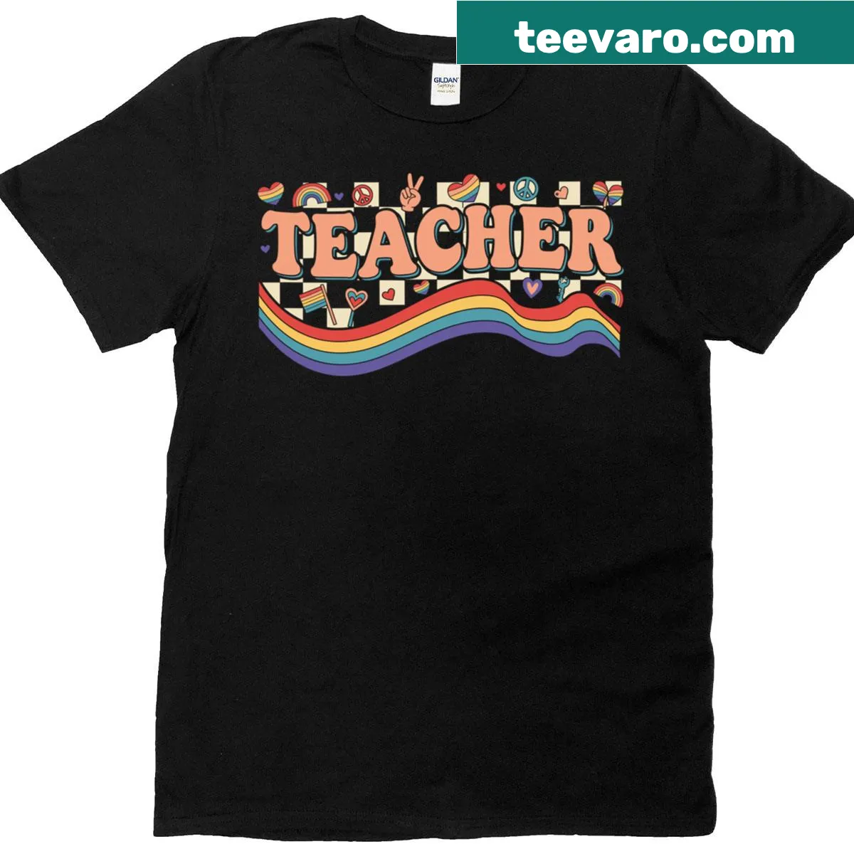 Retro LGBT rainbow teacher t-shirt with colorful design and bold text — on a men's t-shirt