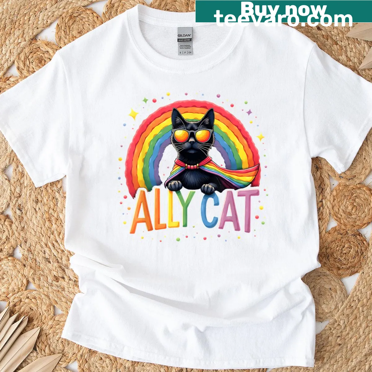 Kawaii cat design with rainbow elements celebrating allyship — on a men's t-shirt