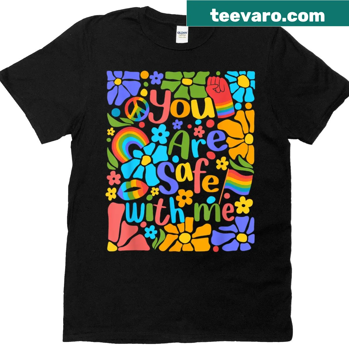 Retro LGBTQ support t-shirt with rainbow design and supportive message — on a men's t-shirt