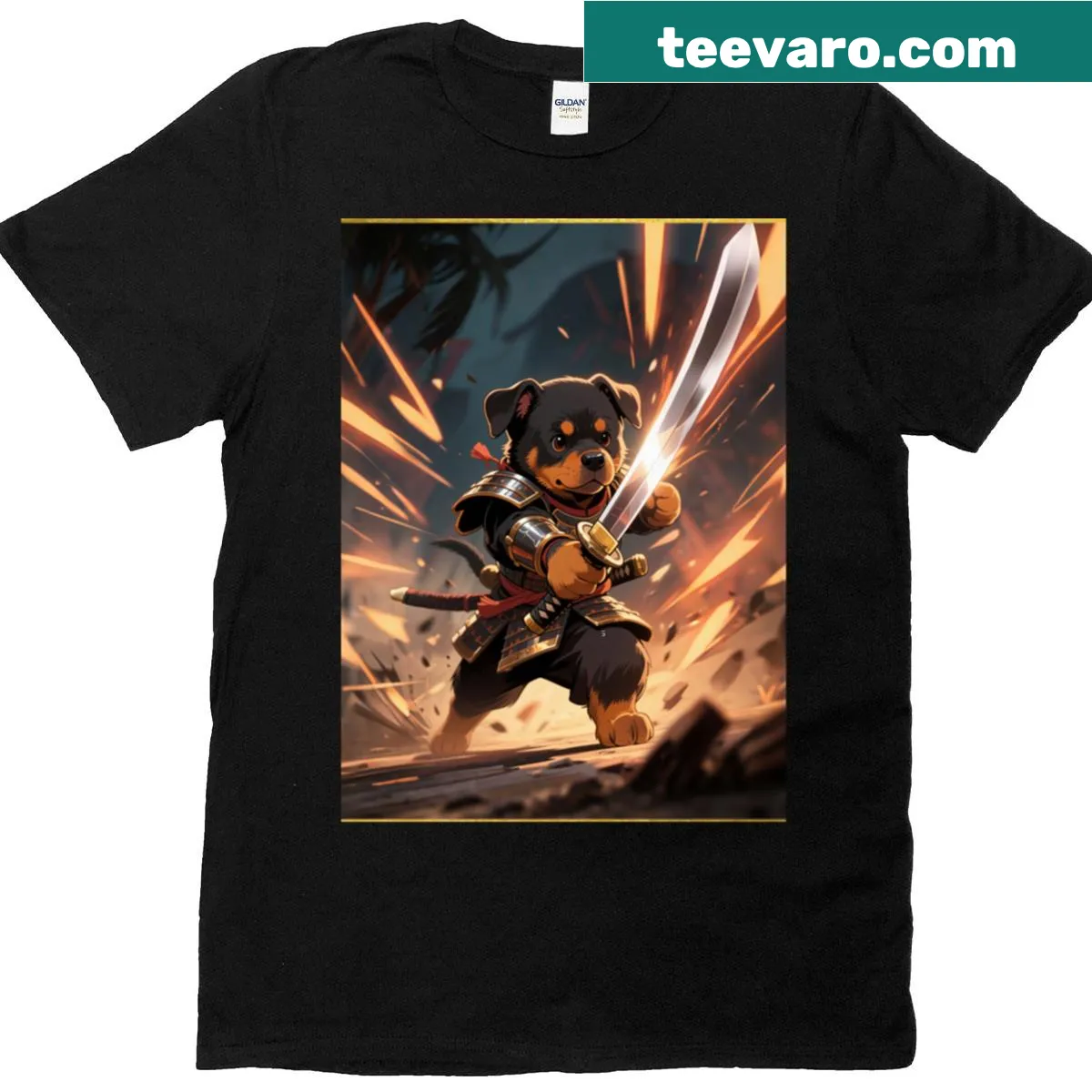 Cartoon graphic of a Rottweiler dressed as a samurai on a t-shirt — on a men's t-shirt