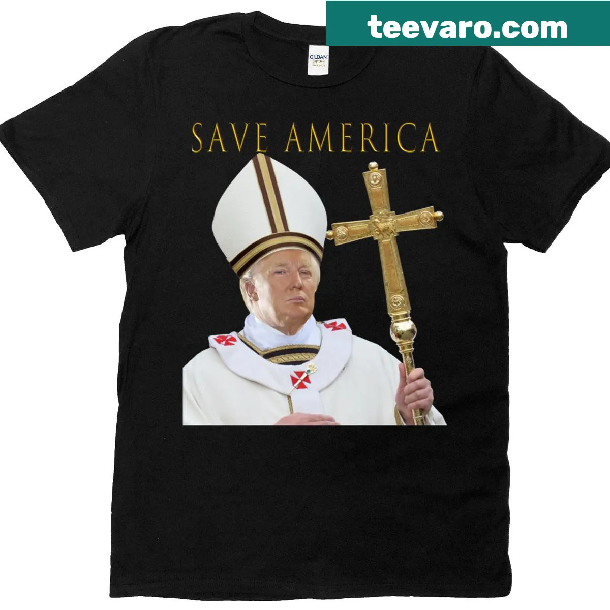 Patriotic T-shirt featuring 'Save America' and Donald Trump imagery — on a men's t-shirt
