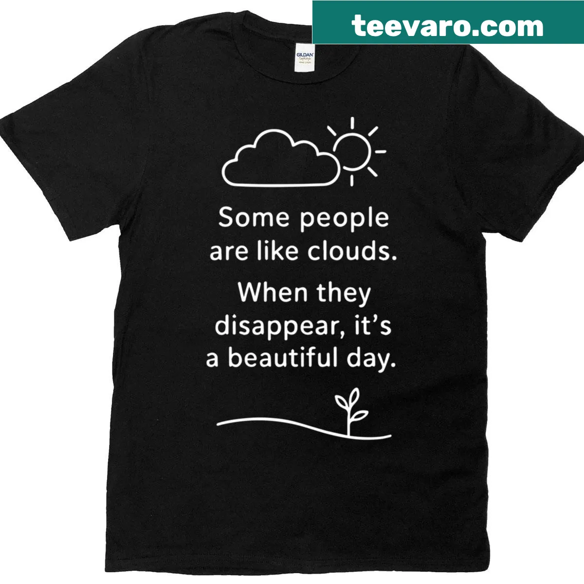 Oversized T-shirt with the phrase about clouds and beautiful days in a fun font — on a men's t-shirt