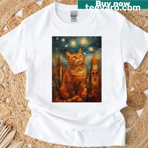 Illustrative T-shirt featuring a whimsical cat against a starry night backdrop
