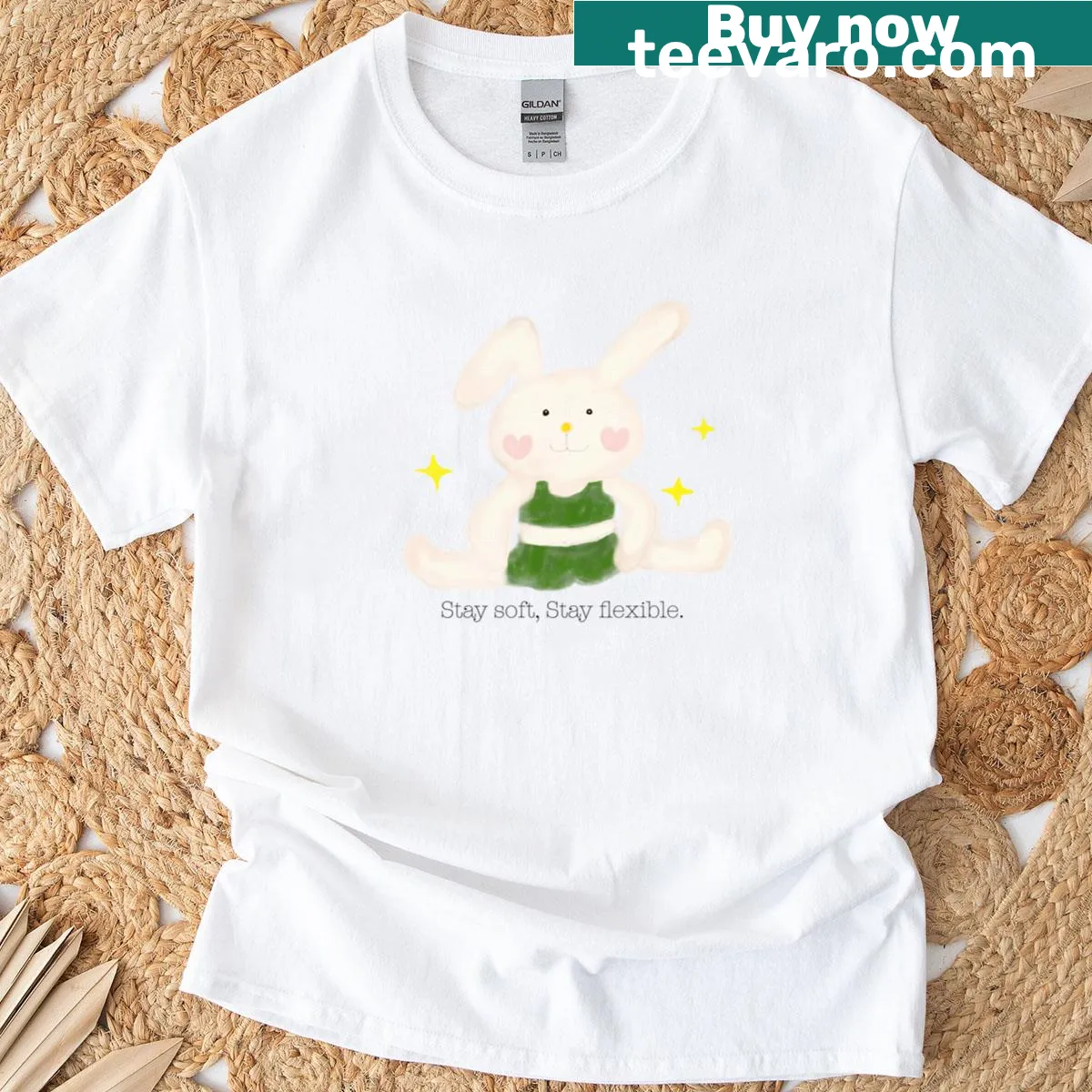 Cute yoga bunny graphic with stretching poses and text on a T-shirt — on a men's t-shirt