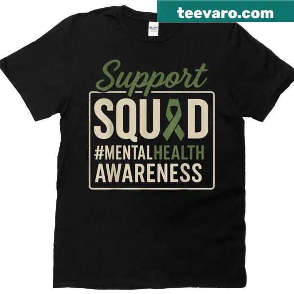 T-shirt with 'Support Squad' and sunflower design for mental health awareness.