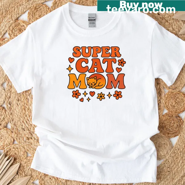 Retro 70s styled typography celebrating cat moms on a T-shirt