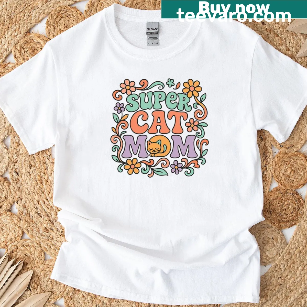 Psychedelic graphic for cat moms on cute t-shirt — on a men's t-shirt