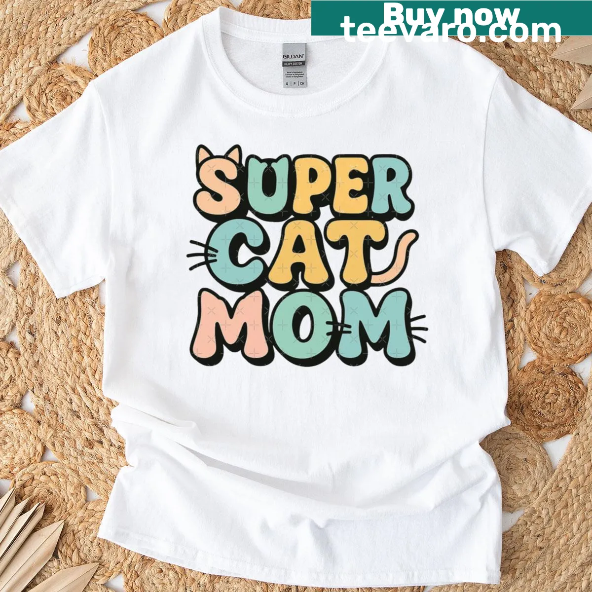 Pastel groovy typography T-shirt reading 'Super Cat Mom' for Mother's Day. — on a men's t-shirt