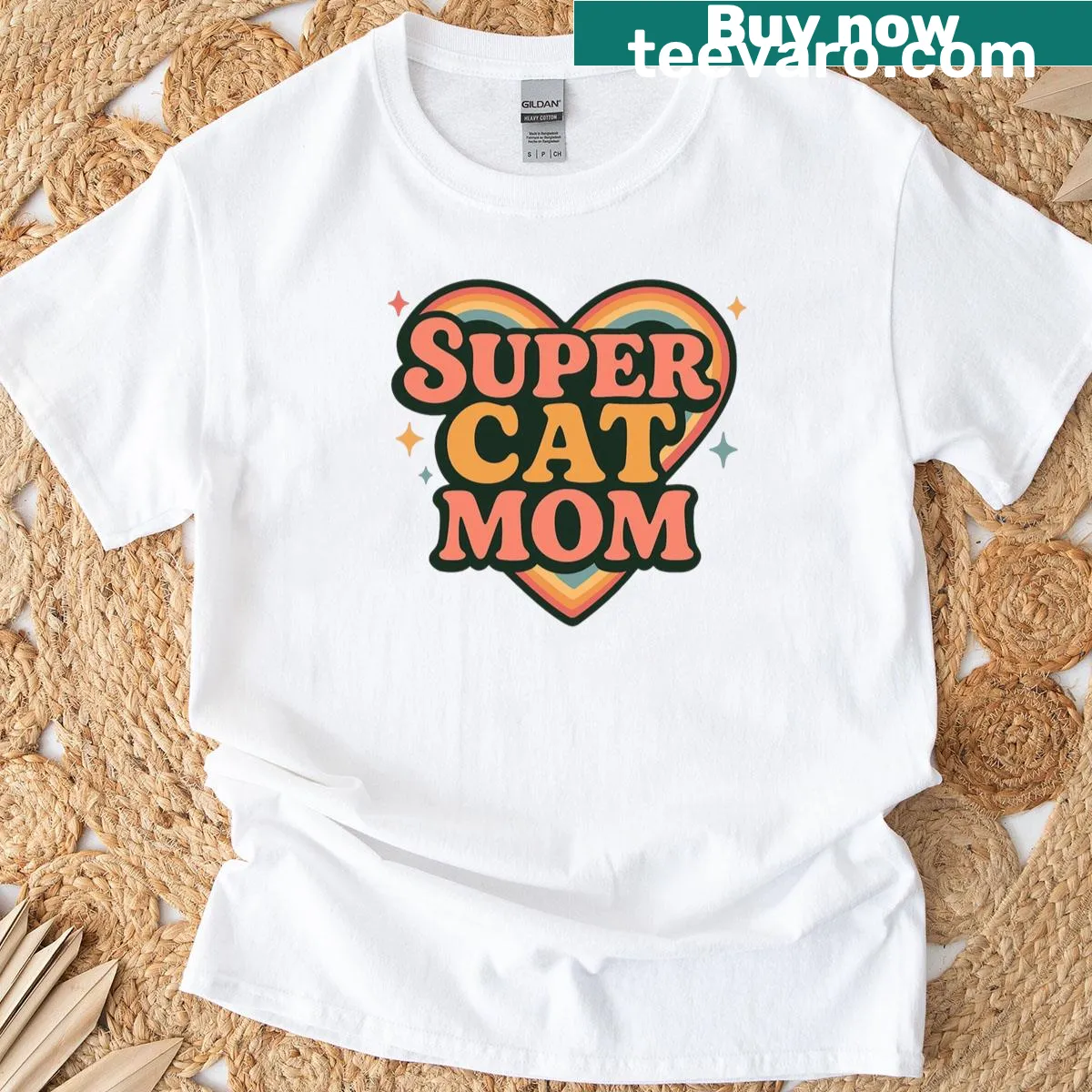 Retro groovy typography T-shirt reading 'Super Cat Mom' for Mother's Day. — on a men's t-shirt