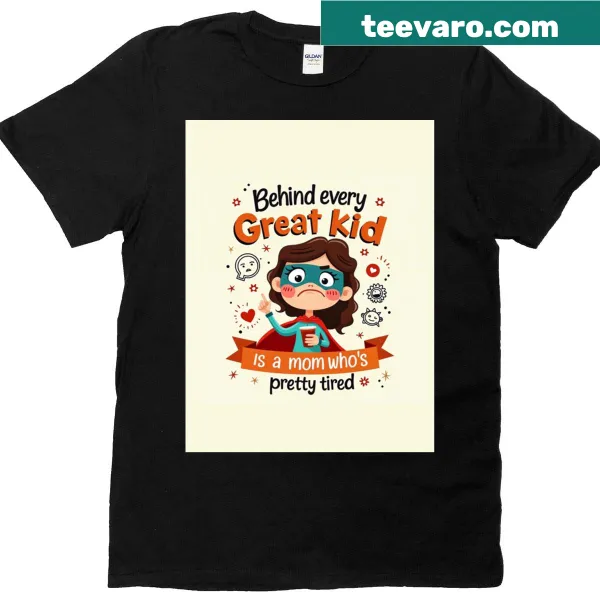 Graphic t-shirt featuring 'Tired But Proud' superhero mom design