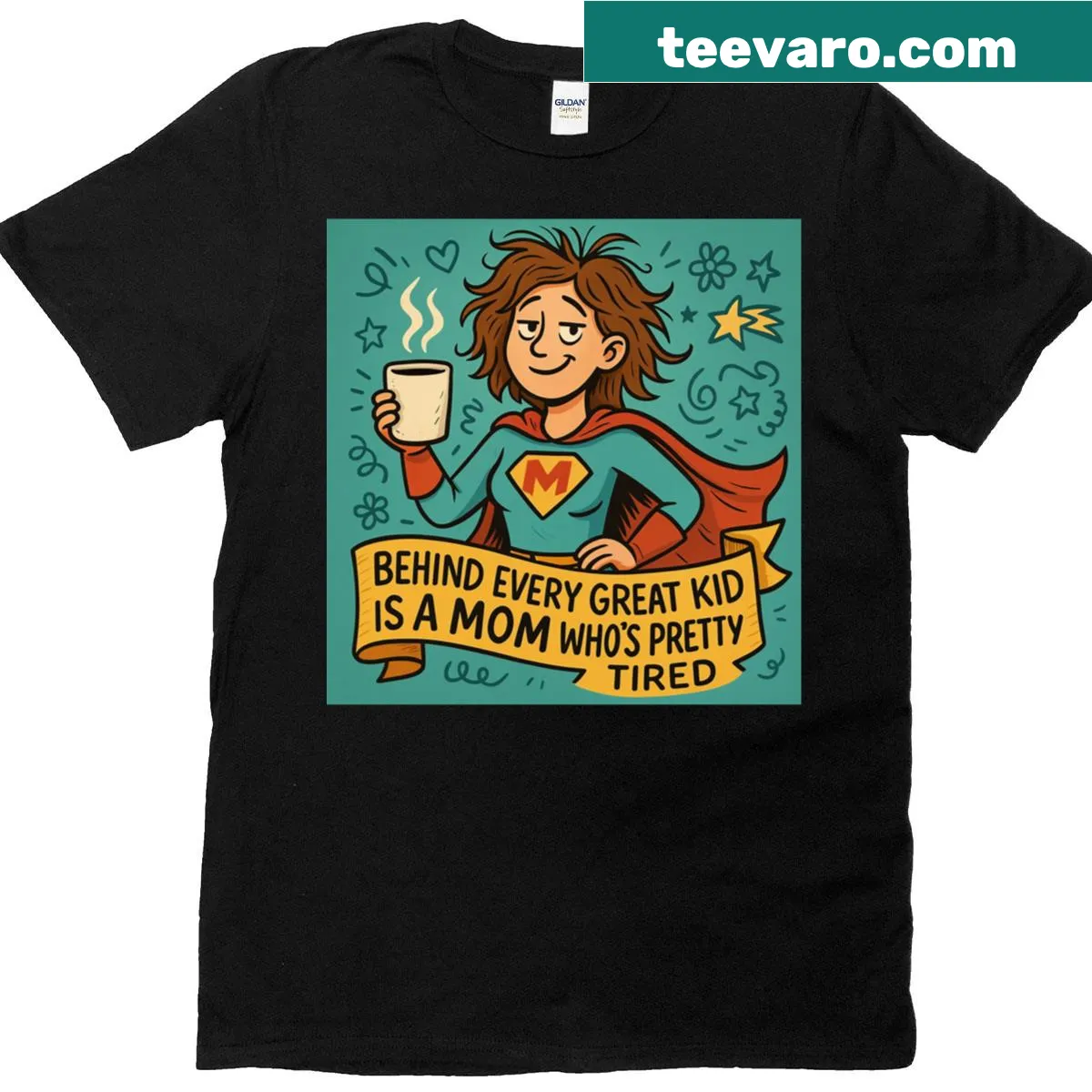 Illustrated superhero graphic with 'Tired But Proud' on a T-shirt — on a men's t-shirt