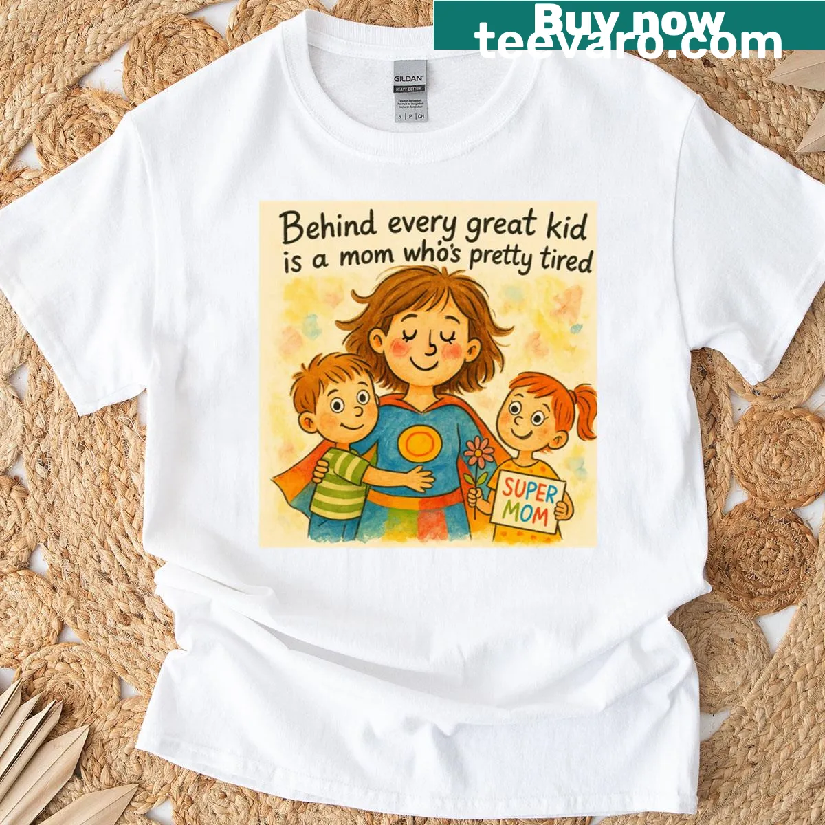 Artistic T-shirt celebrating superhero moms with a proud message — on a men's t-shirt
