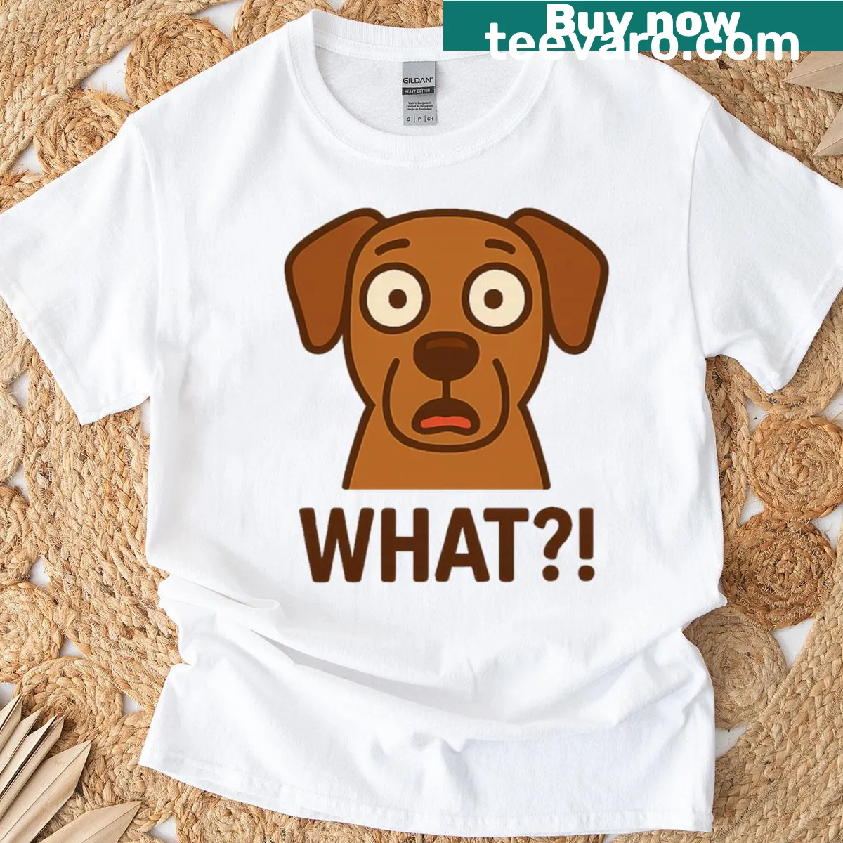 Cartoon surprised dog graphic t-shirt showing funny animal reaction — on a men's t-shirt