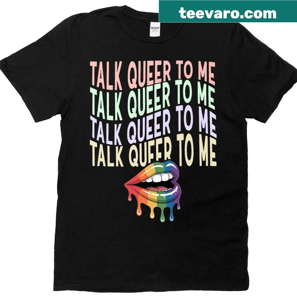 Premium T-shirt with text 'Talk Queer To Me' and rainbow graphics for pride. — on a men's t-shirt
