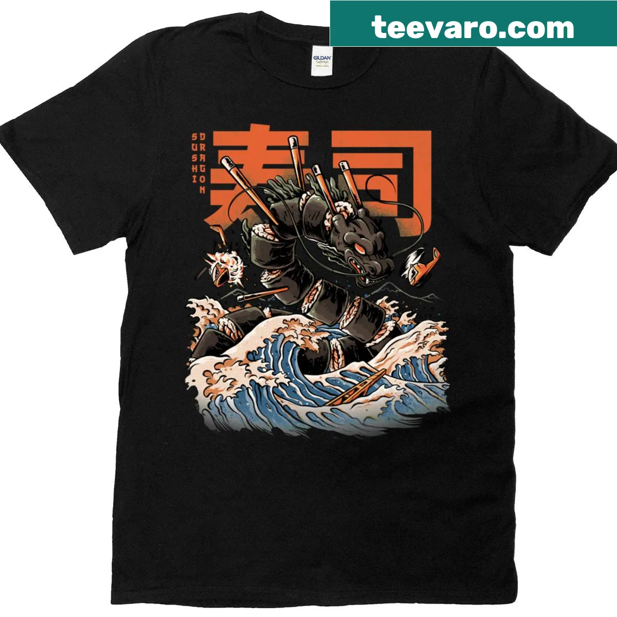 T-shirt featuring a detailed black sushi dragon design — on a men's t-shirt
