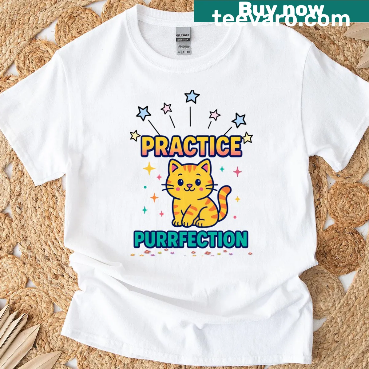 Cheerful illustration of a determined tabby cat on a journey to purrfection — on a men's t-shirt