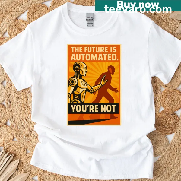 Dystopian robot propaganda-style graphic on an automated future T-shirt