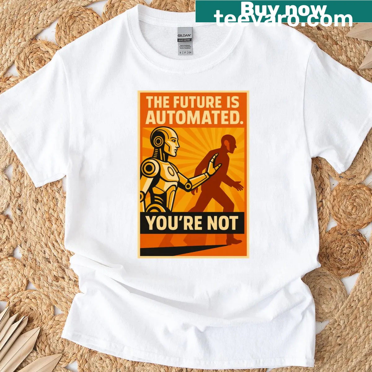 Dystopian robot propaganda-style graphic on an automated future T-shirt — on a men's t-shirt