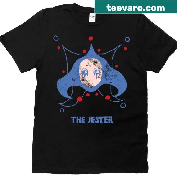 Playful graphic of a jester in blue on a T-shirt.