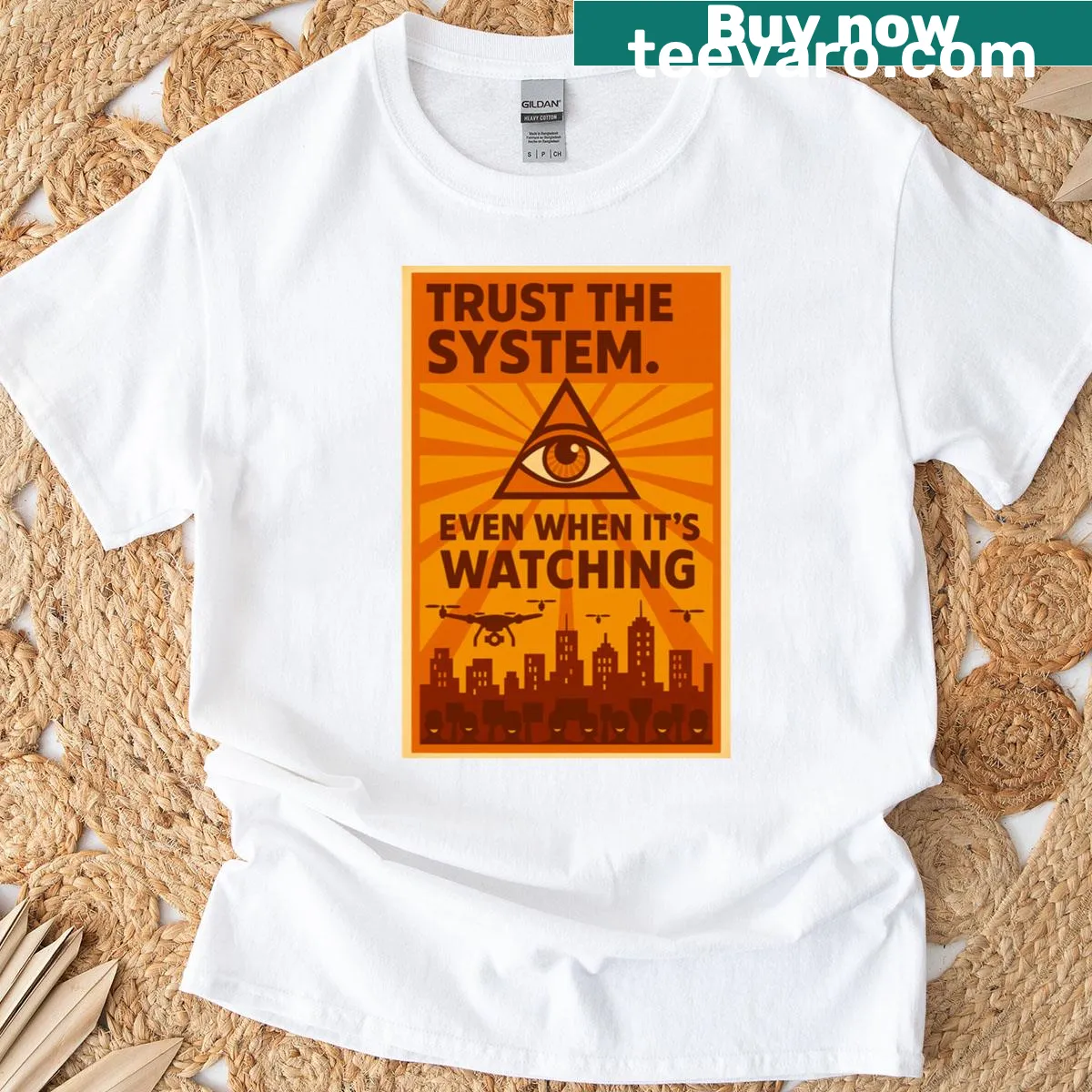 Dystopian T-shirt featuring the phrase 'Trust The System' in poster style — on a men's t-shirt