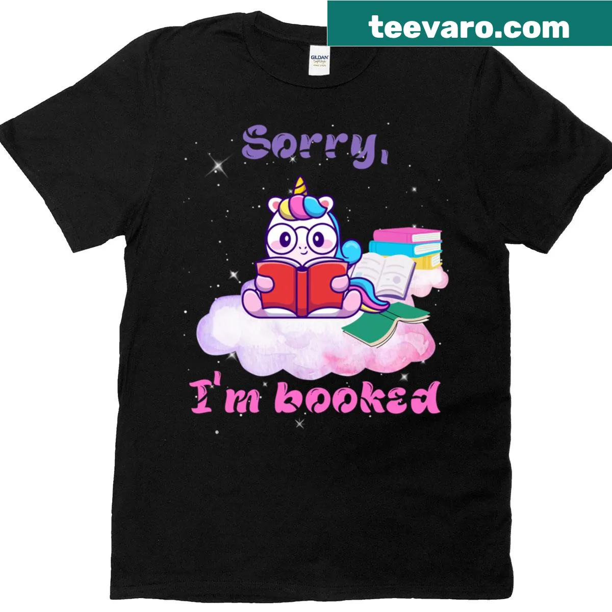 T-shirt featuring a cute unicorn design with 'Booked' text — on a men's t-shirt